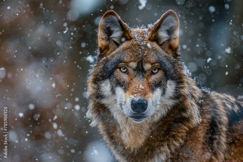 Close-up portrait of a wolf in the snowy forest in winter