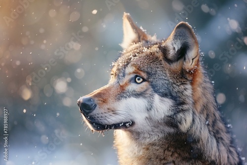 Portrait of a wolf in the winter forest,  Close-up © Quan