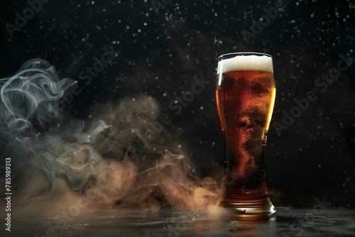 Glass of beer on dark background with smoke, fog and black background