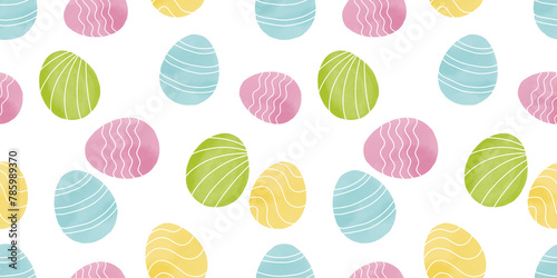 Cute illustration with colorful Easter eggs with watercolor texture, spring banner