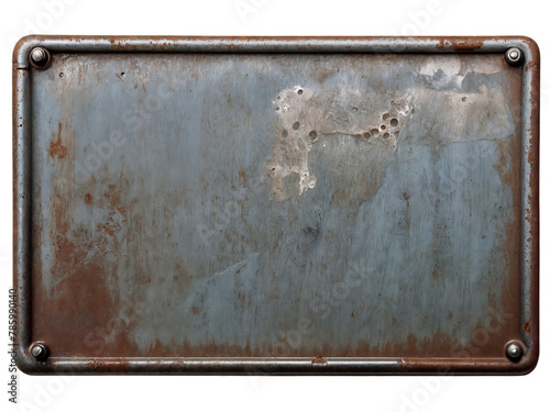 Blank rusted metal plate on a transparent background. PNG image of a blank metal signboard covered in rust.