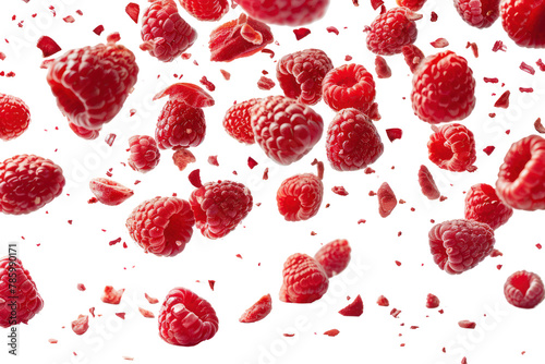 Whole and sliced raspberries in the air,
.isolated on white background