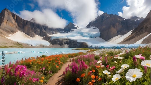 alpine lake in the mountains, Grinnell Glacier area transformed throughout four seasons, colorful summer blossoms to peaceful winter with snow photo
