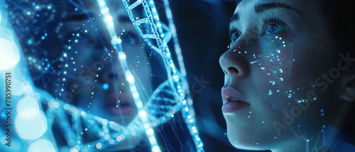 A holographic representation of DNA strands and architectural structures, with an woman in the foreground looking at them. 