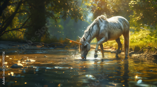 A unicorn with a golden horn drinking from a crystal-clear stream with warm sunlight natural background © OHMAl2T
