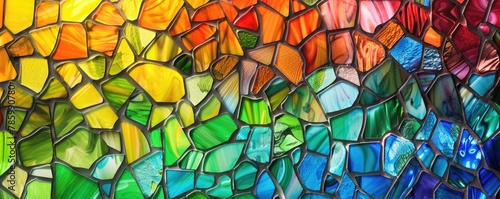 Vibrant mosaic of stained glass creating a beautiful pattern reminiscent of modern art © amazingfotommm