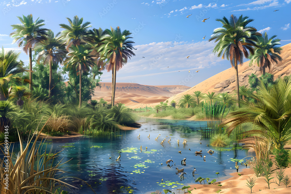 Thriving Oasis Ecosystem: A Refreshing Reprieve in a Desert Landscape