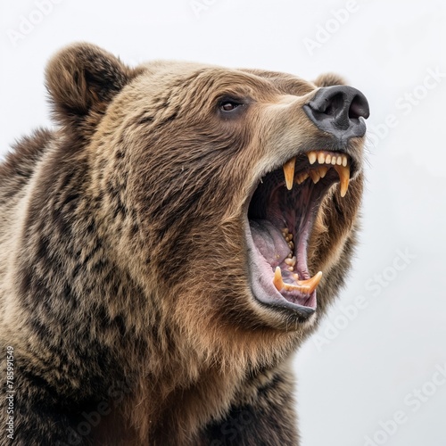Close-up of a roaring brown bear with an open mouth, displaying its teeth against a pale background.