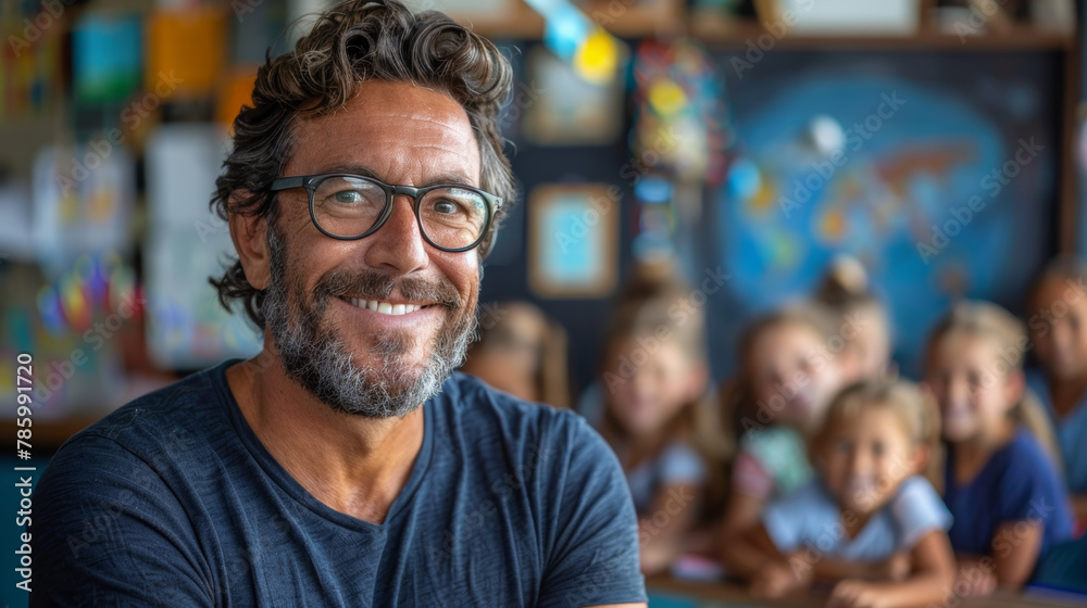 Portrait of a man schoolteacher in his classroom with kids in blurred background , male teacher photo for back to school time Portrait of a man schoolteacher in his classroom with kids in blurred background , male teacher photo for back to school time