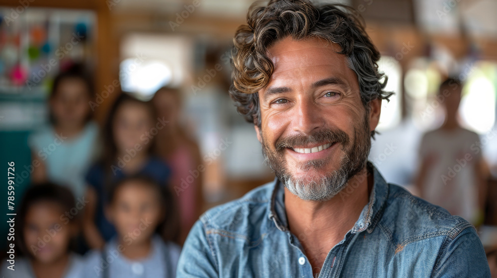 Portrait of a man schoolteacher in his classroom with kids in blurred background , male teacher photo for back to school time Portrait of a man schoolteacher in his classroom with kids in blurred background , male teacher photo for back to school time