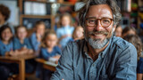 Portrait of a man schoolteacher in his classroom with kids in blurred background , male teacher photo for back to school time