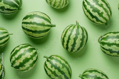 pattern of watermelons on a green background, in a flat lay, top view photo