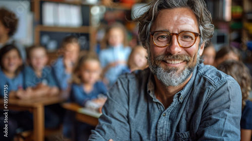 Portrait of a man schoolteacher in his classroom with kids in blurred background , male teacher photo for back to school time