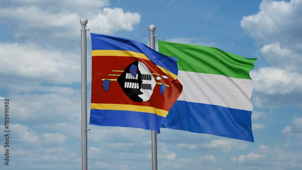 Sierra Leone or Salone and Eswatini two flags waving together, looped video, two country cooperation concept Sierra Leone or Salone and Eswatini two flags waving together, looped video, two country cooperation concept