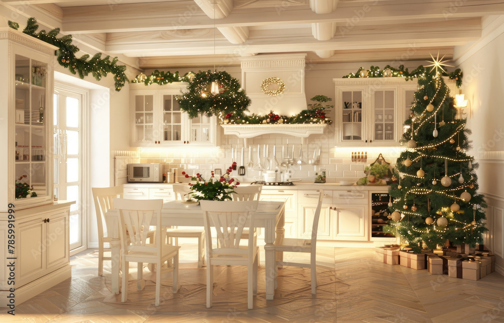 Christmas tree and garland in modern kitchen with dining table, white chairs, light wood cabinets, neutral color scheme, white walls, beige floor