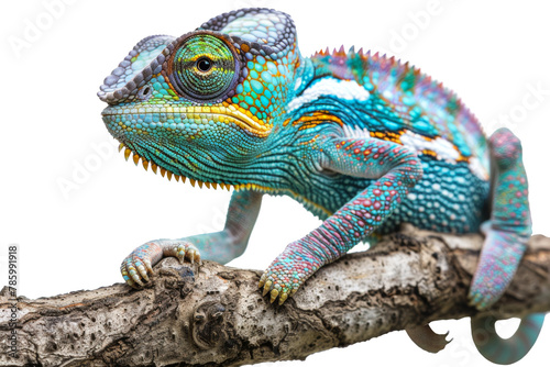 Vibrant chameleon on branch isolated on transparent background