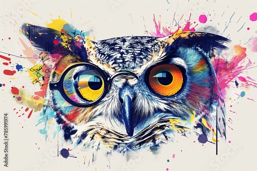artwork of owl portrait wears monocles with multi colored watercolor splash and stroke