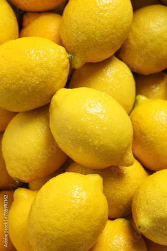 Fototapeta Naklejka Na Ścianę i Meble -  Fresh lemons with water drops as background, closeup