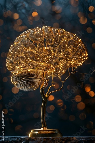 3D render of a golden brain  neural networks illuminated  symbolizing the cognitive process of research and discovery  on a dark background