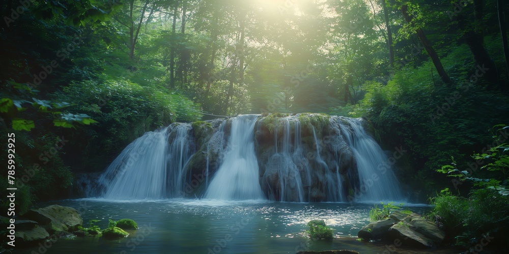 A mystical waterfall in dense woodland, with sunlight filtering through the trees to illuminate the water