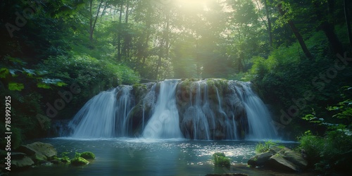 A mystical waterfall in dense woodland, with sunlight filtering through the trees to illuminate the water © gunzexx