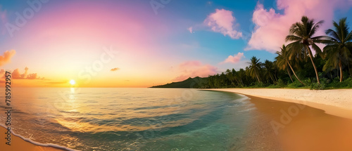 Panorama of Beautiful tropical sunset beach seaside palm calm sea panorama exotic nature view inspirational seascape scenic. Beautiful anoramic sunset tropical paradise beach. Tranquil summer vacation photo