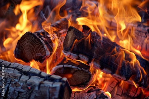 Intense bonfire with burning wooden logs, fire close up, wallpaper background