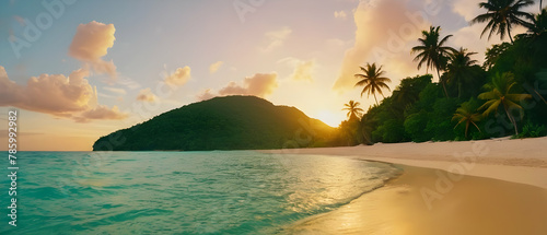 Panorama of Beautiful tropical sunset beach seaside palm calm sea panorama exotic nature view inspirational seascape scenic. Beautiful anoramic sunset tropical paradise beach. Tranquil summer vacation photo