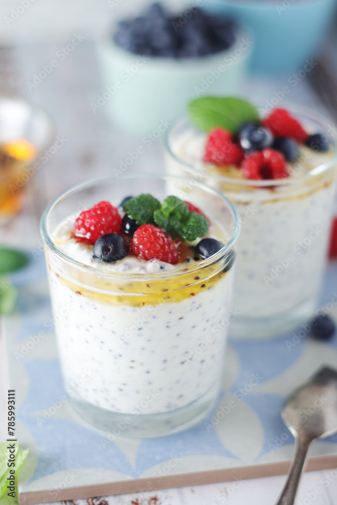 Greek yogurt in glasses with berries and quinoa Greek yogurt in glasses with berries and quinoa