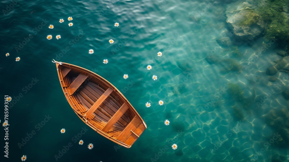 top view of a lone boat in the water, rustic, flowers inside the boat, ripples around the boat.