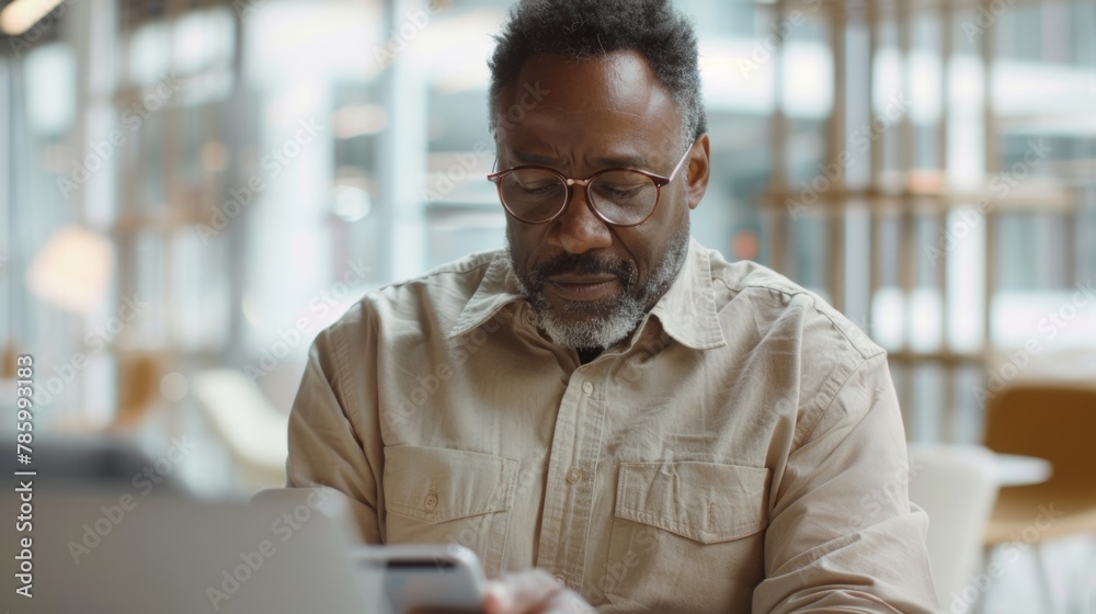 Obraz premium Man Focused on Smartphone Screen