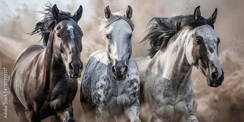horses galloping side by side  one grey and two white with black manes  dust in the air