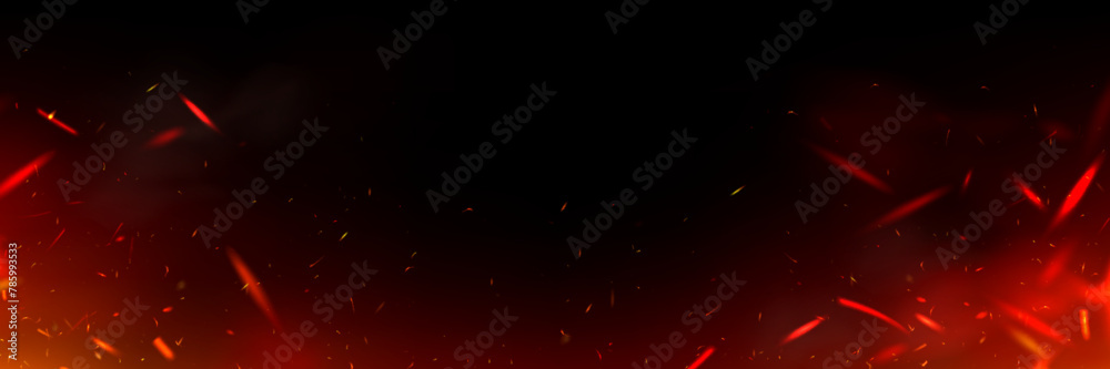Naklejka premium Red fire and smoke overlay with flame spark glow on black background. 3d abstract hot flying ember shine. Realistic apocalypse heat fog. Bright bonfire flake particle motion corner panorama frame
