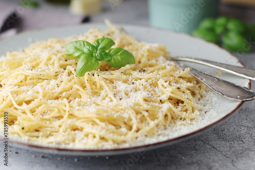 Spaghetti with italian cheese pecorino romano	 photo