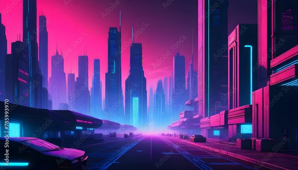 Futuristic night city. Cityscape on a dark background with bright and glowing neon purple and blue lights. Cyberpunk and retro wave style illustration