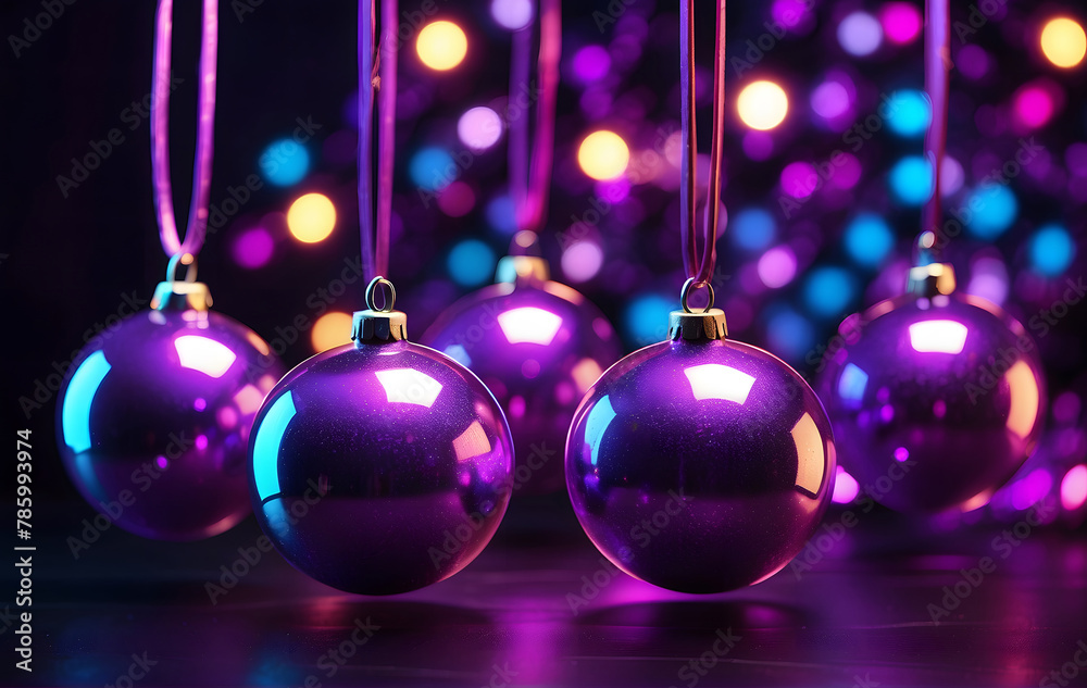 Christmas balls on strings against a dark background, styled with vibrant neon colors, light purple, and a kitsch aesthetic reminiscent of vibrant stage backdrops with reflections Christmas balls on strings against a dark background, styled with vibrant neon colors, light purple, and a kitsch aesthetic reminiscent of vibrant stage backdrops with reflections