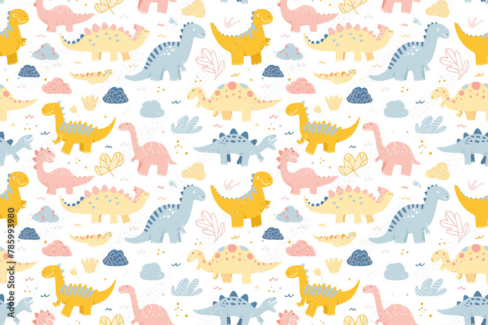 Obraz premium Whimsical dinosaurs seamless pattern for children's joy
