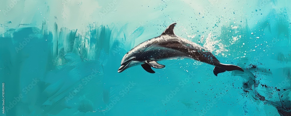 Obraz premium Dolphin jump against blue background. brushstroke style painting, evoking a sense of freedom and joy