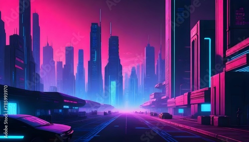 Futuristic night city. Cityscape on a dark background with bright and glowing neon purple and blue lights. Cyberpunk and retro wave style illustration