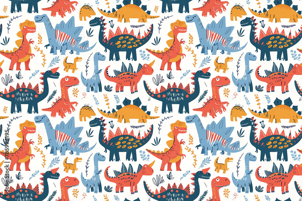 Colorful dinosaur pattern for children's fabric