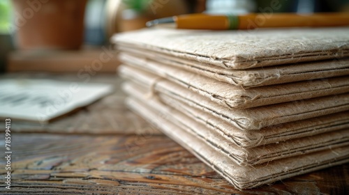 Close-up shot of a stack of recycled paper notebooks, focusing on the textured edges and the eco-friendly pen resting on top