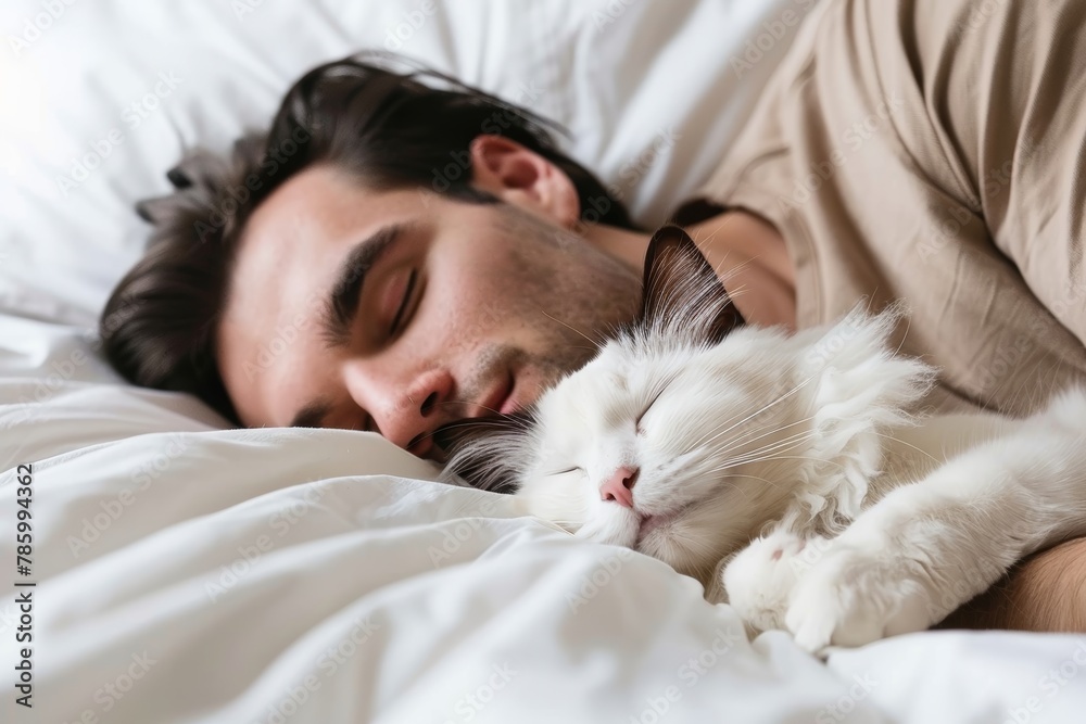 Man and cat peacefully sleeping on white bed at home, in serene harmony and shared restful moment Man and cat peacefully sleeping on white bed at home, in serene harmony and shared restful moment