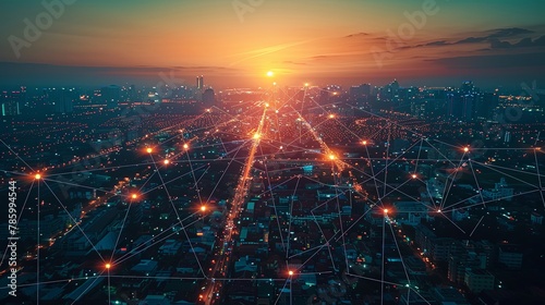 Digital connectivity concept in city night landscape from above with modern digital wireless data networking light lines