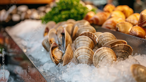  Chilled sweet clams displayed on ice at a market.