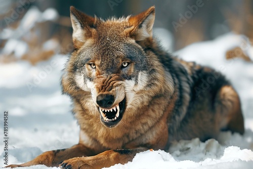 Close-up portrait of a wolf in the winter forest,  Wild animal