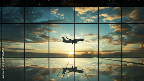 Airplane Silhouette Against Breathtaking Sunset Sky Viewed from Modern Airport Terminal