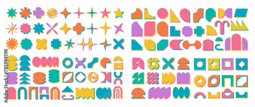 Basic decorative brutalism signs collection art, minimal futuristic flat silhouette shape shadow design, contemporary groovy form collection, geometric brutal vector icon in modern 80s cartoon.