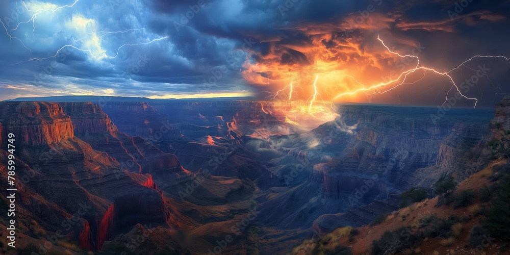 A dramatic electrifying lightning storm illuminating the vast Grand Canyon landscape at dusk, reflecting nature's fury