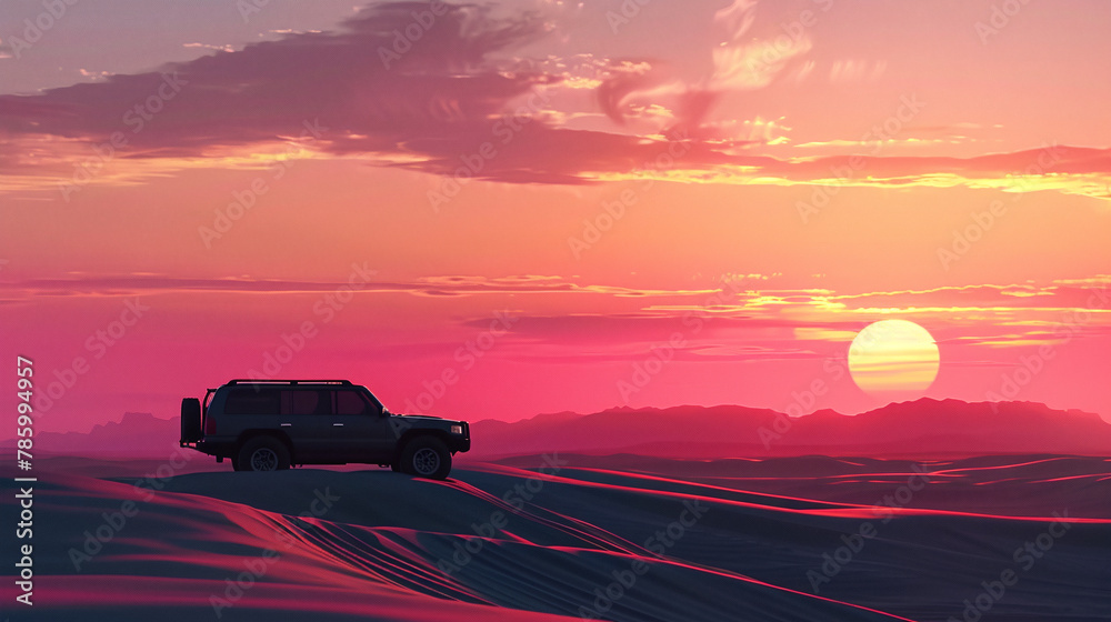 SUV stands on dune in the desert against the backdrop of sunset. Desert Safari