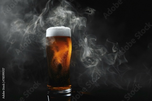 Glass of beer with foam and steam on dark background, closeup